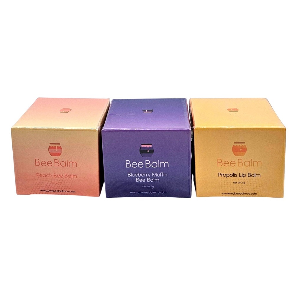 Bee Balm Lip Balm Set 3 Pack Peach Blueberry Muffin Propolis 5g Each New